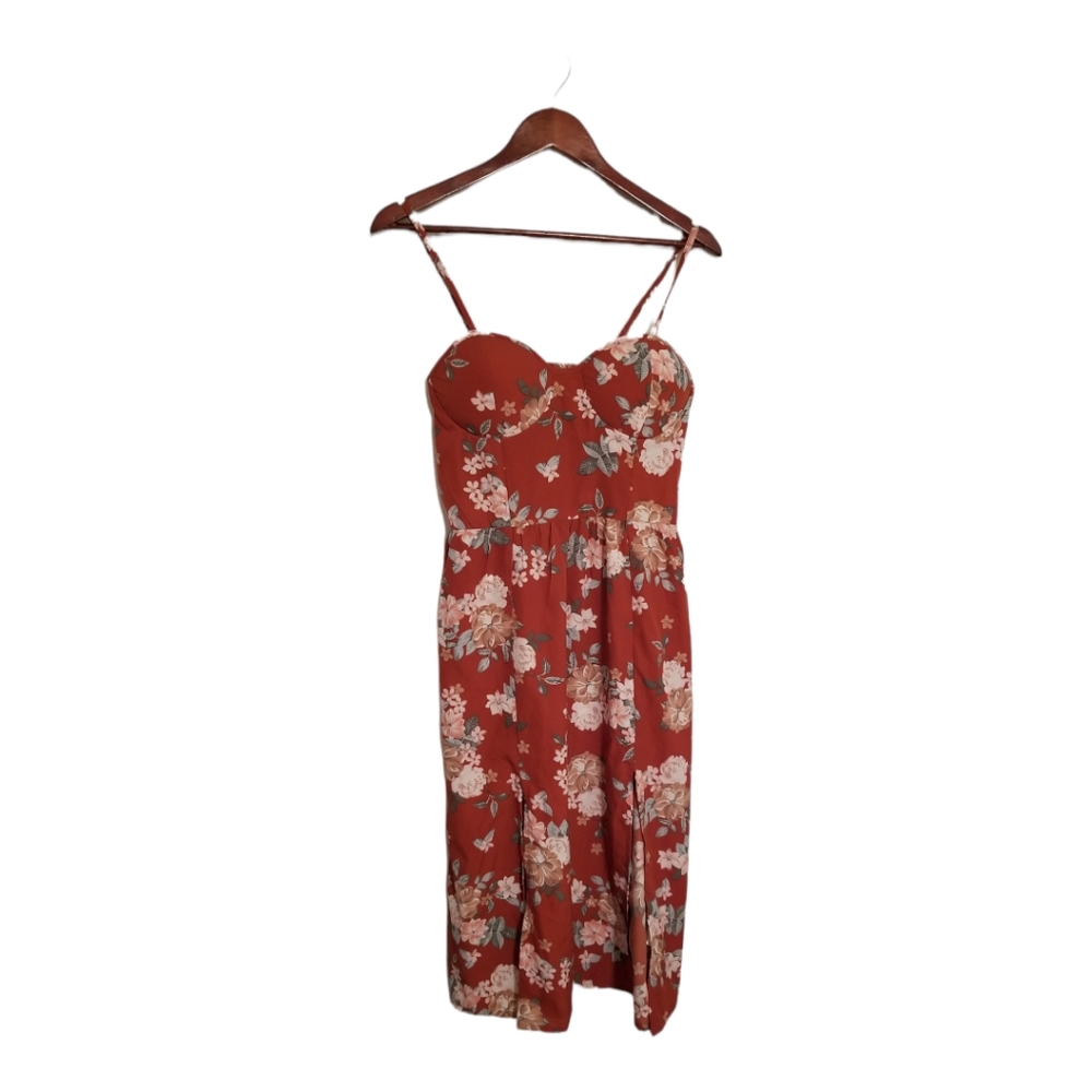 🧡 Double Split Mini Dress Orange Floral Spaghetti Strap NWT